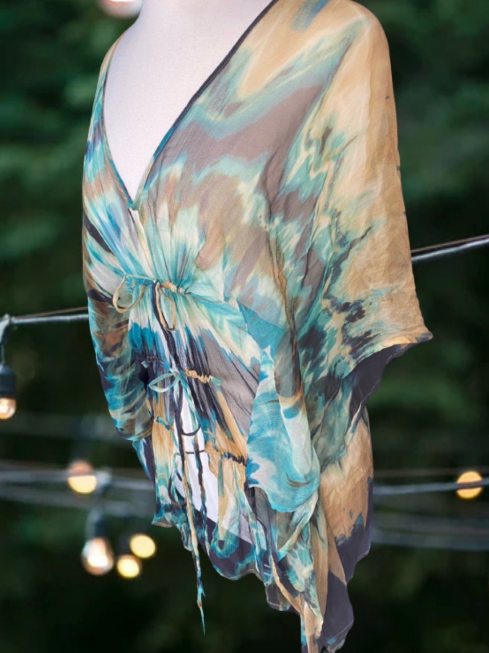 Haute Hippie Blue Tan Silk Watercolor Tunic Blouse Pretty Little Liars Sz Sm